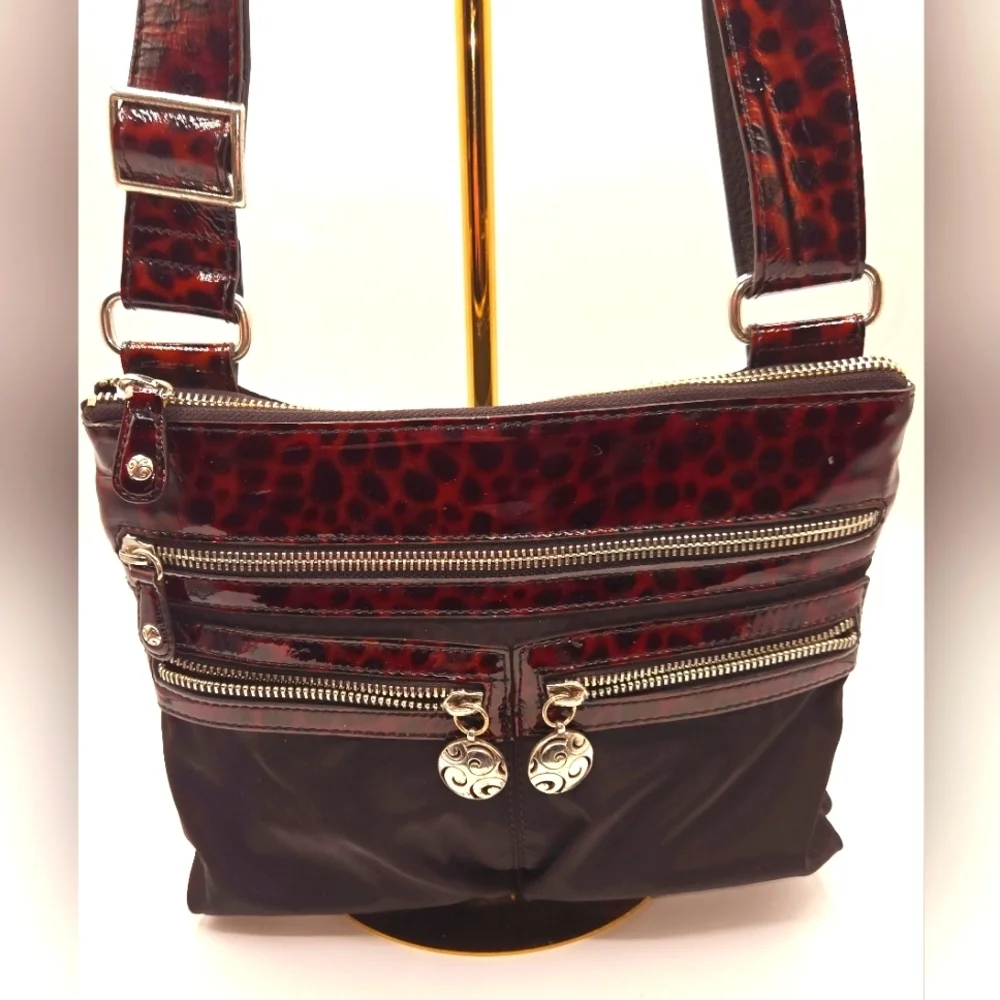 BRIGHTON Nylon Crossbody Black Bag Tortoise Shell Print Strap